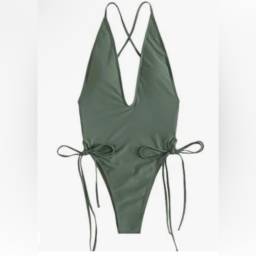 Shein Women's Deep V Neck Crisscross One Piece Swimsuit High Cut Tie Side Small